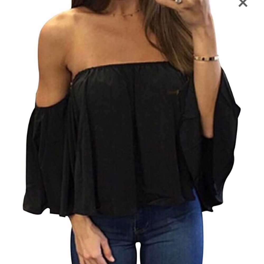 Bluetime Fashion Black Flounce Top Off Shoulders with Flared Attached Sleeves